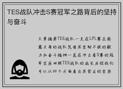 TES战队冲击S赛冠军之路背后的坚持与奋斗