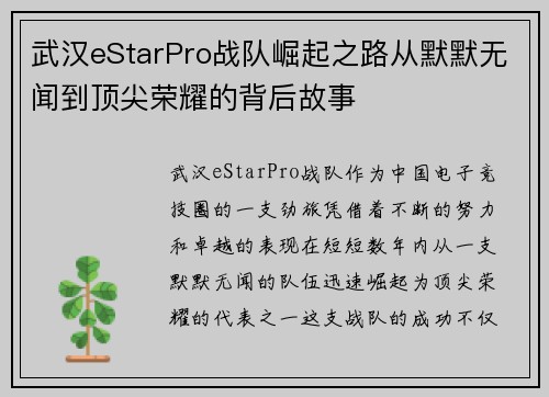 武汉eStarPro战队崛起之路从默默无闻到顶尖荣耀的背后故事